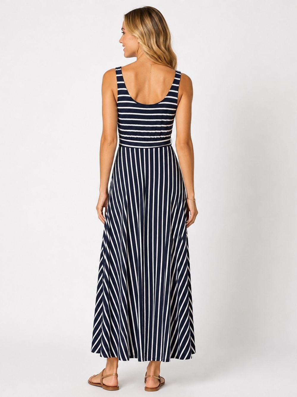 LOFT Navy and White Striped Tie-Waist Midi Dress - Picture 2 of 6